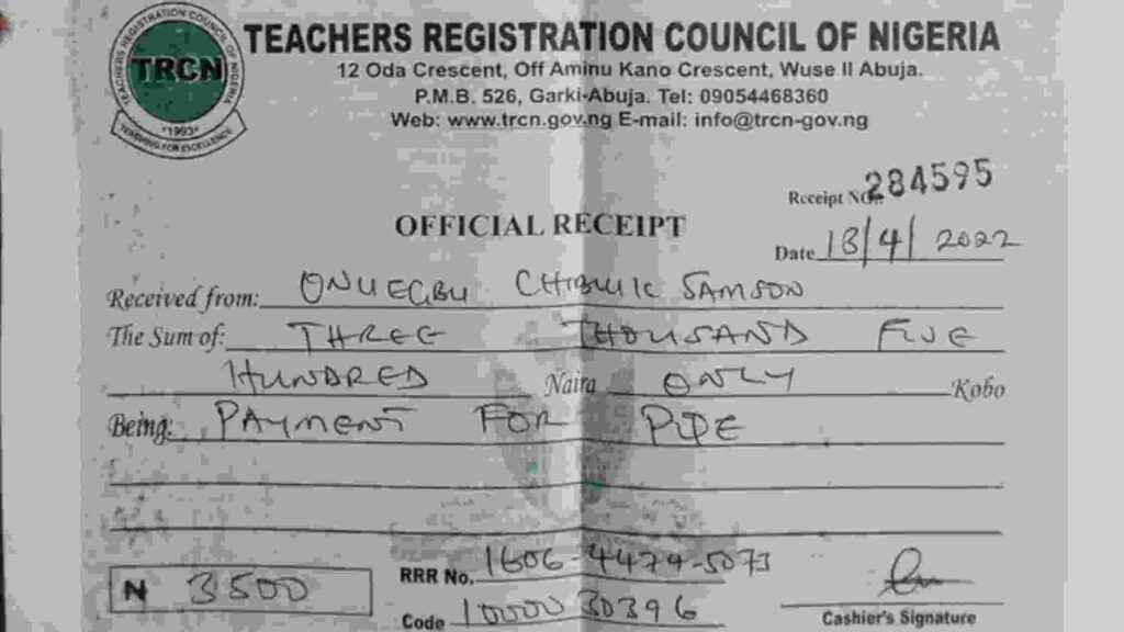 TRCN registration receipt